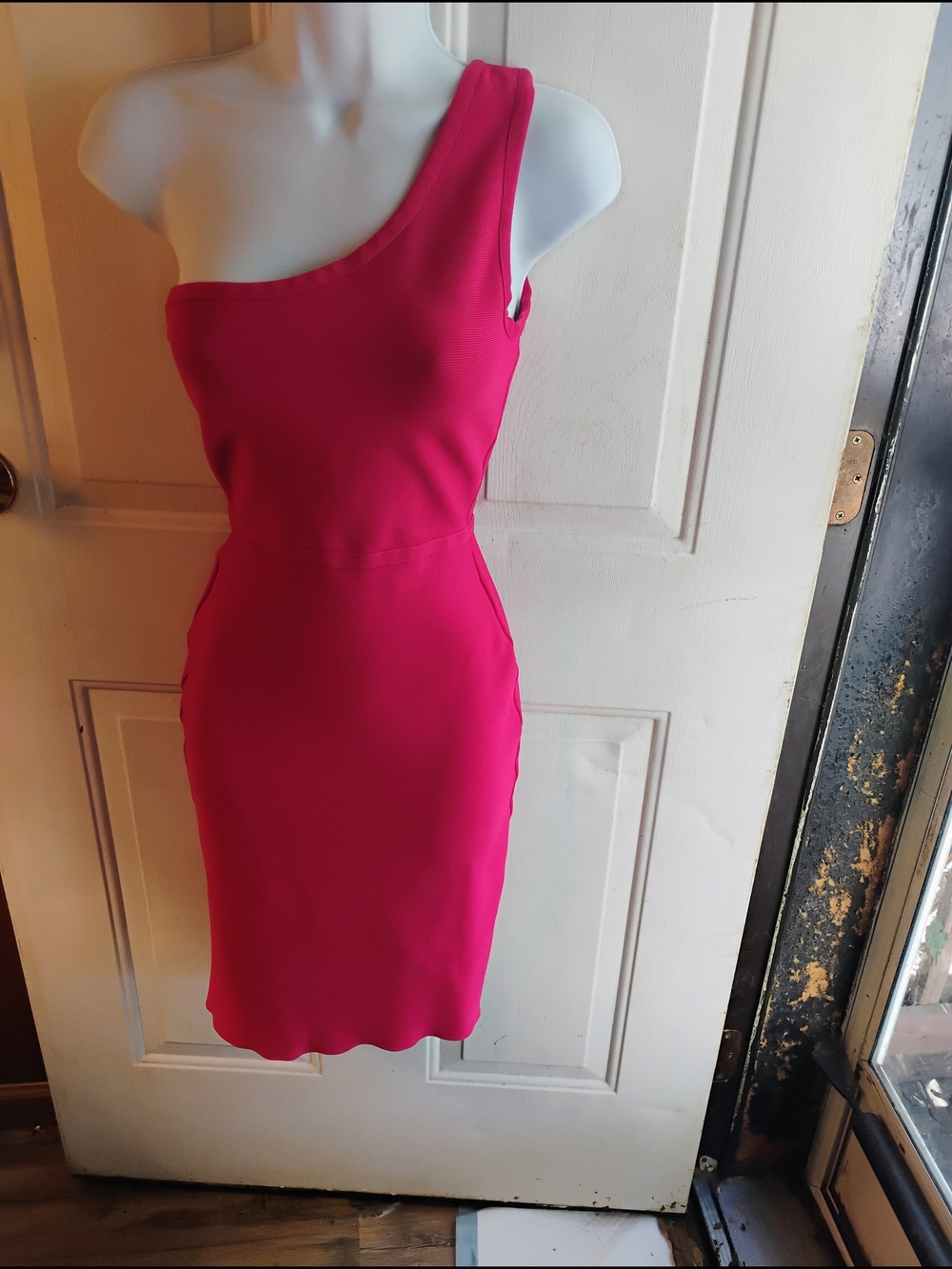 BCBGMaxAzria One-Shoulder Hot Pink Sheath Dress